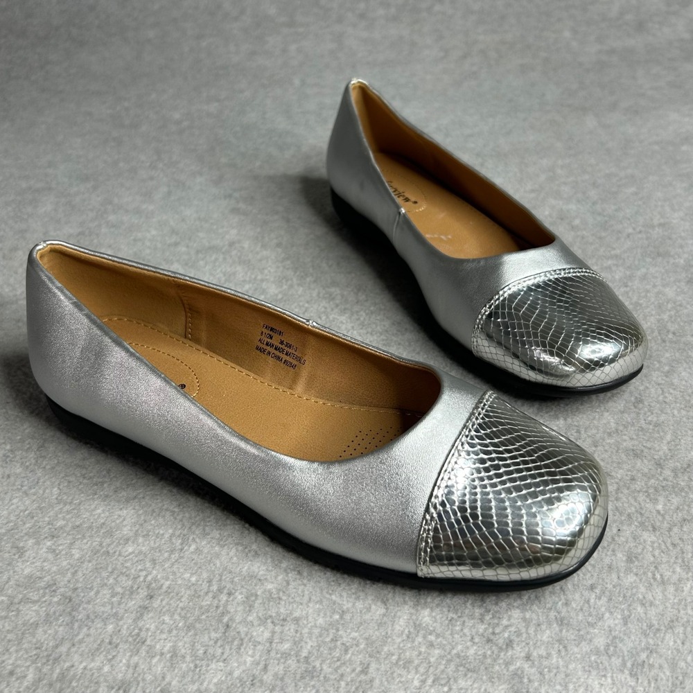 New Comfortview Fay Womens Ballet Flats Silver Snake Print Cap‎ Toe Shoes 8.5M